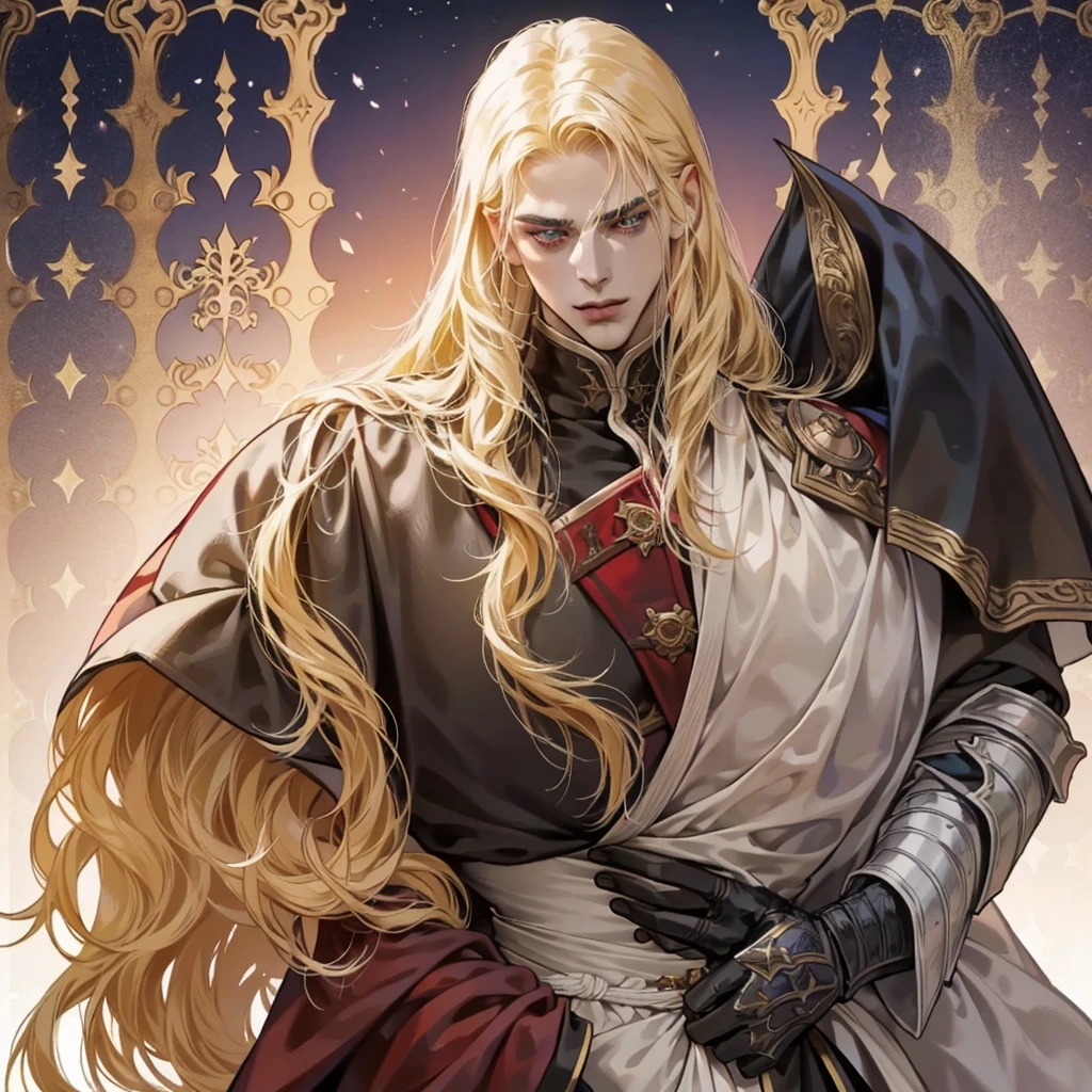 Castlevania Shadow Lord is handsome, broad shoulders, but in armor Lord Dracula leads the monastery, hyper-realistic, super-detailed Dynamic pose, super-detailed face, hyper-realistic, long hair, blonde hair, Sharp facial features, adult, handsome man, in medieval attire,