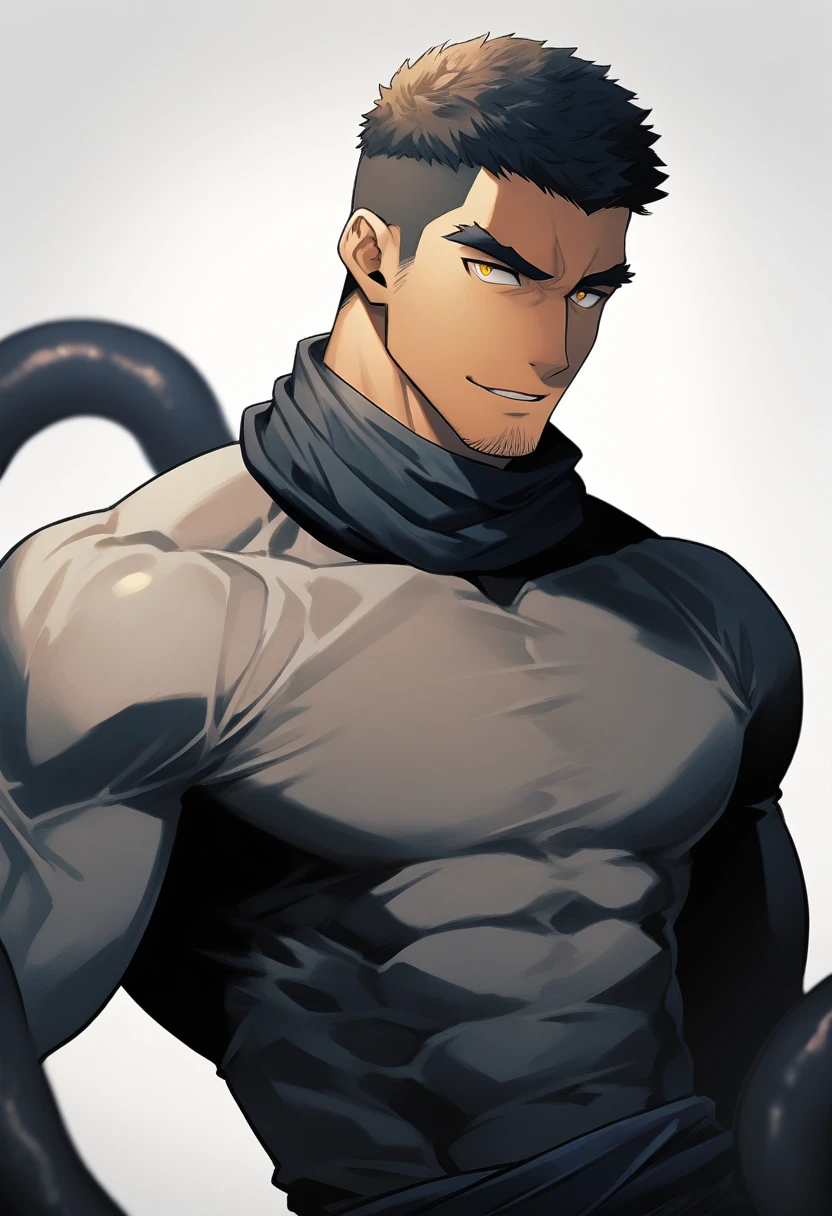 anime characters：Superhero in tights, negro black skin, He was entangled by a large number of thick black tentacles, Wrap around the neck, Wrap around the waist, Tightly tied, Manliness, male focus, Yellow and black high collar long sleeve tight T-shirt, Slightly transparent material, Very tight, Round, full and perky chest muscles, Male dog waist, Slightly transparent, muscular male, muscular, only, Upper body, alone, Black short hair, Thick eyebrows, stubble, Yellow eyes, Grey background, simple background, amazing quality, best aesthetics, Ridiculous, bright pupils, crew cut, parted lips, seductive smile, torogao, naughty face, drop shadow, best quality