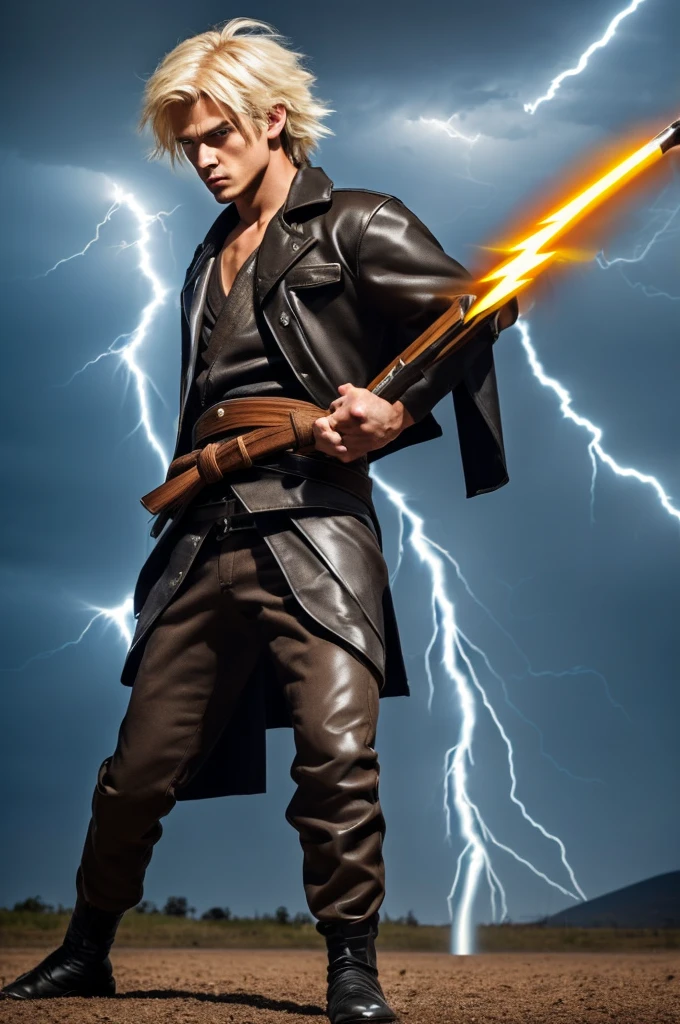 (masterpiece), best quality, expressive eyes, perfect face, ((electricity)), excessive energy, charged aura, ((cowboy shot)), fighting stance, (holding weapon:1.3), fighting stance, (side view), (zenitsu), agatsuma zenitsu, 1boy, blonde hair, thick eyebrows, brown eyes, bangs, short hair, (japanese clothes, triangle print, haori), white belt, black jacket, black pants, (The body is wrapped in lightning:1.3), lightning elemental energy towards himself, Lots of lightning, lightning,
