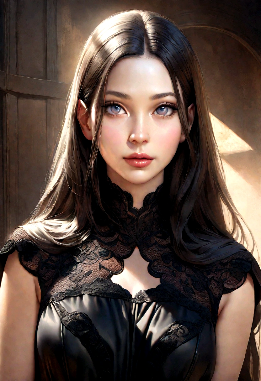 photorealistic, lip gloss, realistic, best quality, ultra high resolution, depth, pastel color, natural shading, focus on the face, just the face, looking at the viewer, long hair, black hair, brown and well-detailed eyes, black dress, gloves, anatomically correct