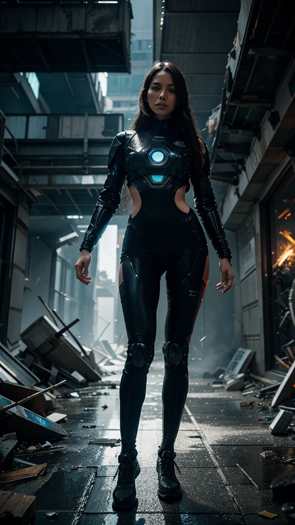 woman from future, wearing robotics uniform, debris buildings, futuristic, 