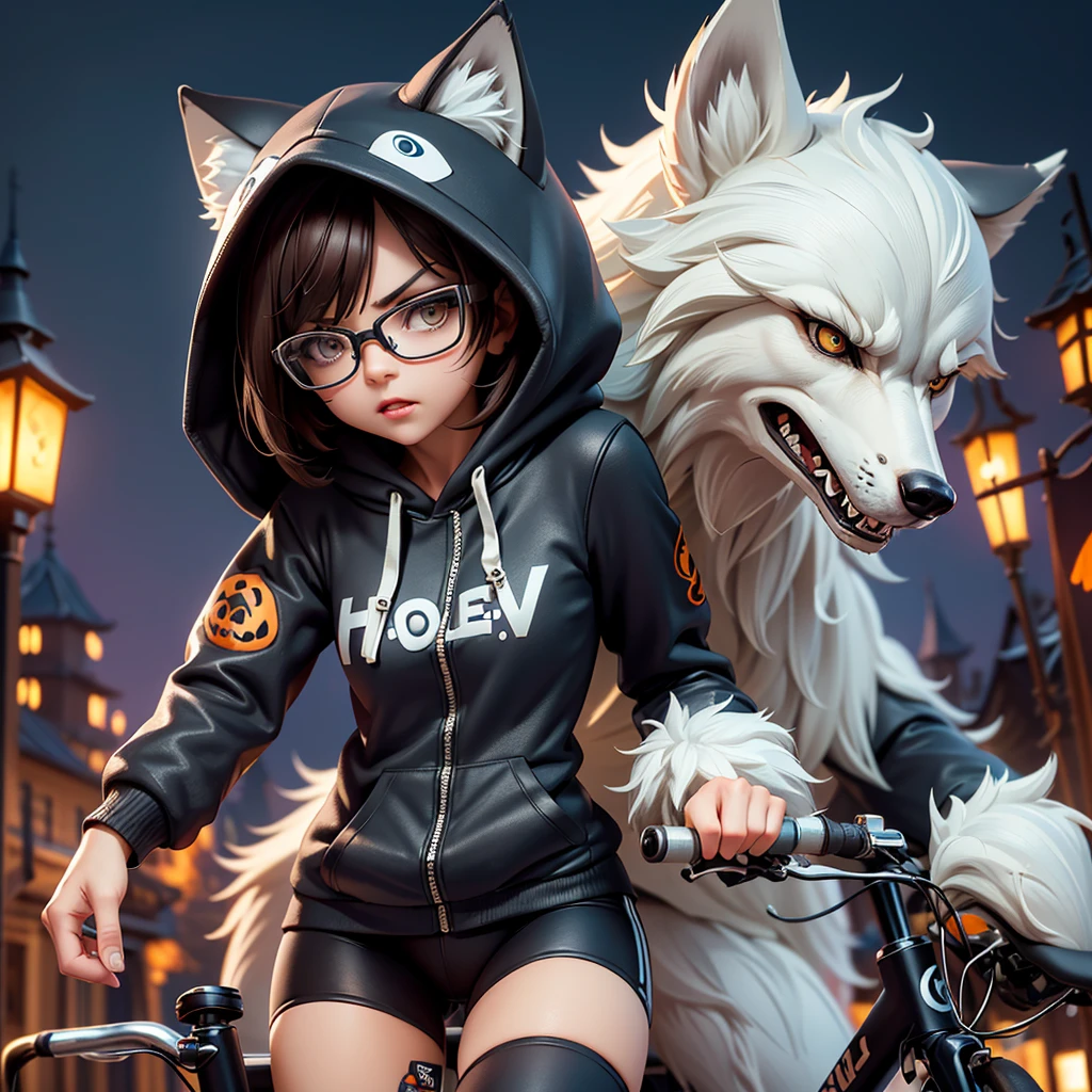 (Highest quality:1.2)。One Woman。Beautiful woman。Brunette short bob。Glasses。Angry expression。(Wearing a hooded wolf costume)。((Old Bike)get on)。(Riding hard on a bicycle)。The background is a Halloween town at night。