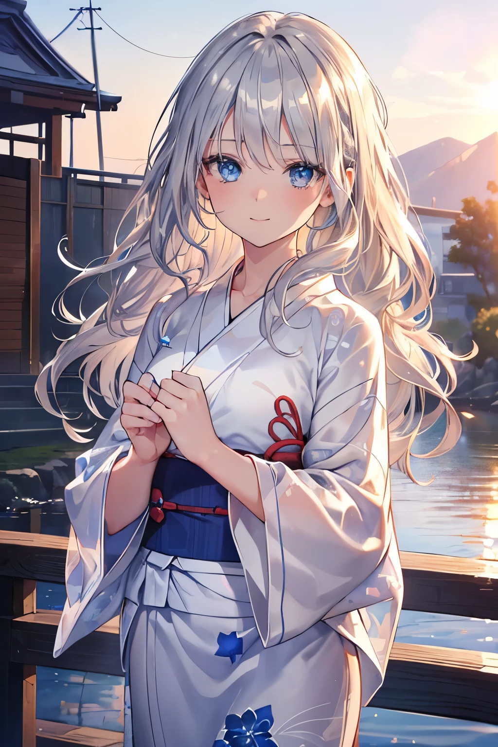 masterpiece,Top image quality,hight resolution,imagem 4k,Raw photo,Photorealsitic,{Solo},teens girl,silber hair,hime-cut,stare at each other,Blue eyes,小柄,Silver fox ears,Fox tail,Bathing in water,shrine maiden,,boyish,hakama,Wet、small tits