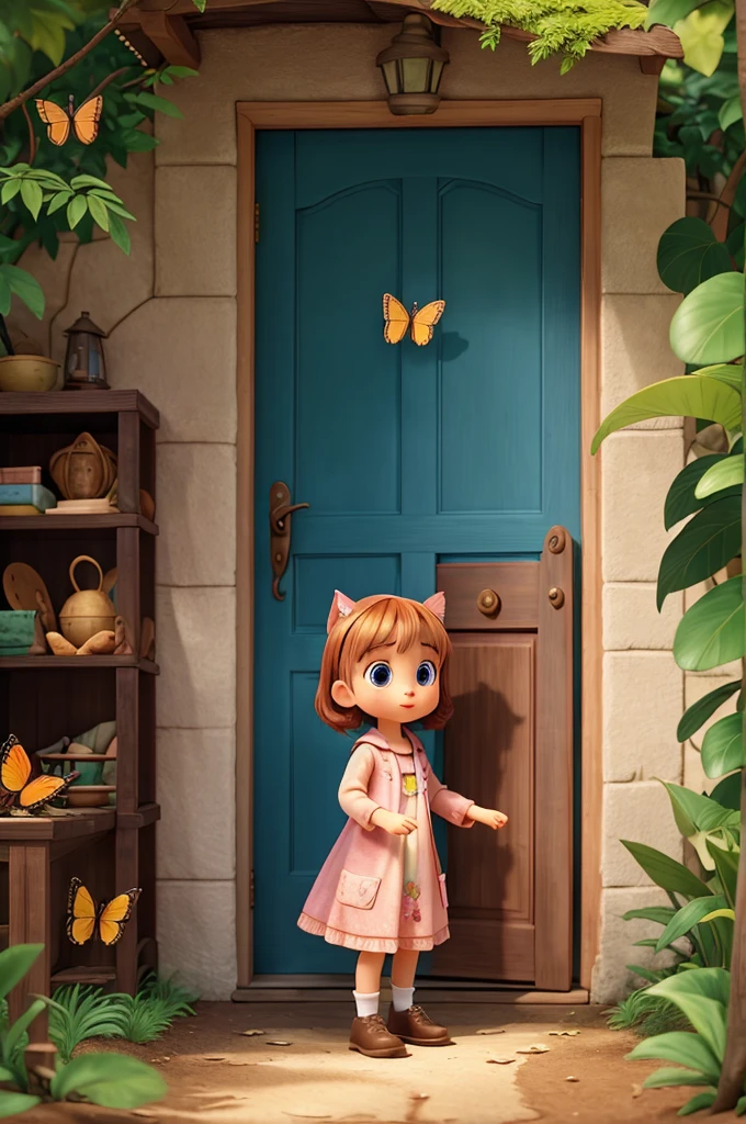 Lily cautiously opening the small, shimmering door and discovering a magical forest filled with colorful trees and butterflies