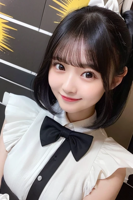 (Highest quality, 8K, 32k, Tabletop, Hmph:1.2),Hyper Detail Hair,cute japanese girl photo,One Girl,18-year-old,Japanese girl,(Black-haired:1.5),,White shirt,A bow tie, (On the front:1.2), evening, Sunburst, ((smile:1.2)),((From the shoulders up:1.2)), ((Close-up of face:1.2)),