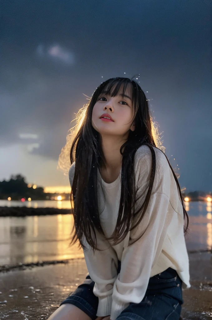 22year old beautiful girl、Highest image quality、realistic、16K、beautiful woman、long hair、With bangs、Pretty slim、heavy rain、While walking through the Beach in the rain、wet from heavy rain、Full body figure、Look up at the sky、sitting on the beach、Look up at the sky、Close your eyes and look up at the sky、Taking a shower of rain、Shooting from a distance