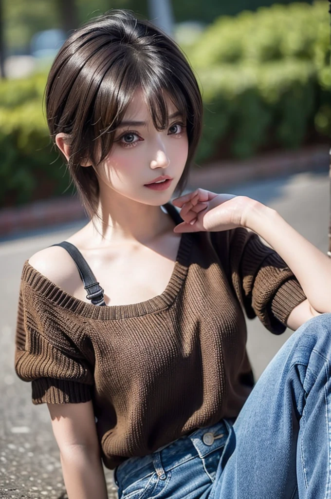 Highest quality, Super quality, 16K, Incredibly absurd, Very detailed, 2.5D, delicate and dynamic, Cool and beautiful woman, Light brown short hair, Captivating look, Excited expression, Best body shape, Big Breasts、Wearing a black V-neck sweater and ragged jeans, Cool pose, Sitting on the ground background