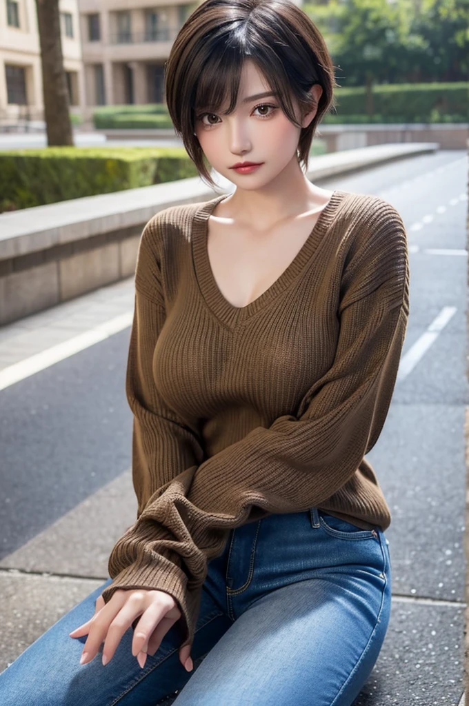 Highest quality, Super quality, 16K, Incredibly absurd, Very detailed, 2.5D, delicate and dynamic, Cool and beautiful woman, Light brown short hair, Captivating look, Excited expression, Best body shape, Big Breasts、Wearing a black V-neck sweater and ragged jeans, Cool pose, Sitting on the ground background