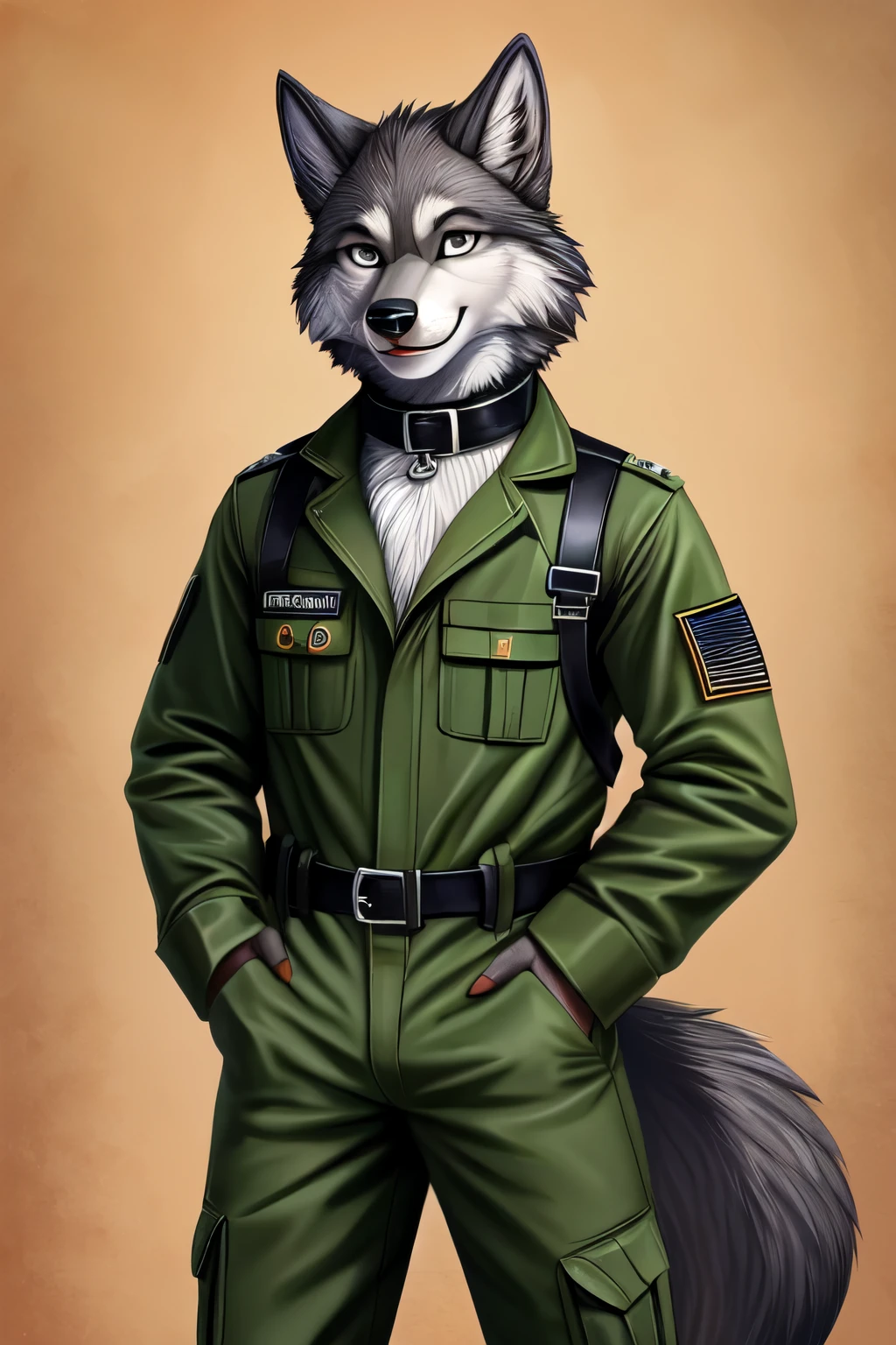 ((Лучшее качество)), ((шедевр)), (подробный), Furry, male, wolf, grey colour, looking at viewer, coveralls, leather collar, grey eyes, smiley look, leather collar, green military uniform and army boots, simple background, furry grey paws