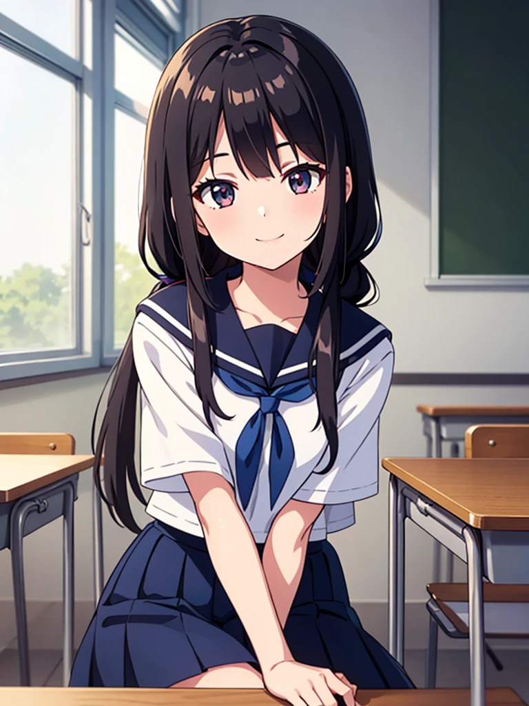 1girl, sitting, hands up in front, head tilt, smile, 15yo,
classroom, indoors, school chair, school desk, (low twintails girl), low pigtails, hair ribbon  white, very long black hair,
white serafuku with blue ribbon, navy-blue collar, navy-blue skirt,
(dark brown eye), afternoon, summer,
school,
(from front:1.4), upper body,
anime, high brightness, detailed face, detailed eyes,
(high quality, ultra detailed, masterpiece, FHD)