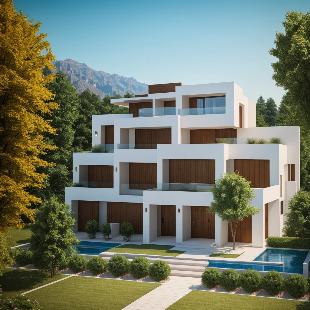 RAW photo,The exterior of modern villa on the hill, masterpiece, photorealistic, best quality, ultra high res, architechture shot, composite construction, piles/stacks, innovative page design,natural light,Vray, 8k uhd, dslr, soft lighting, high quality, film grain, Fujifilm XT3
