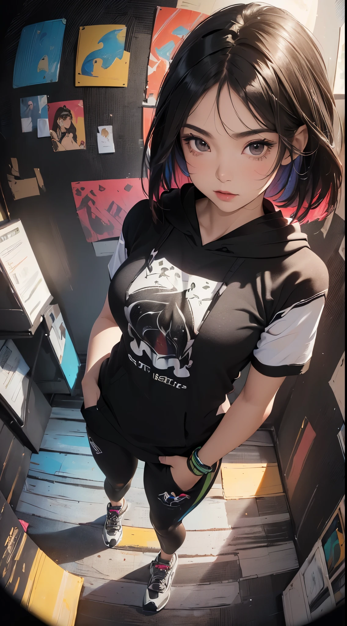 (((8k wallpaper of extremely detailed CG unit:1.2, ​masterpiece, hight resolution:1.2, top-quality:1.2, masutepiece))), ((a very beautiful woman, Hands in pockets:1.8, wearing a short sleeve hoodie:1.2, Wearing leggings, Wearing sneakers)), ((extra detailed face, Highly detailed black eyes, extra detailed body, Top quality real texture skins)), (A dark-haired, length hair, de pele branca, Small, Exposed belly), ((colorfully painted wall)), (high-angle, Fisheye:1.3), hyper realisitic, digitial painting,