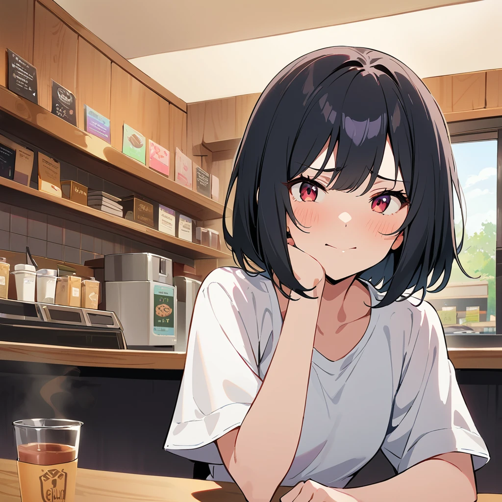 girl, Black Hair, Hairstyle: Short bob,A look of disgust, smile, High-quality images, masterpiece, coffee shop,