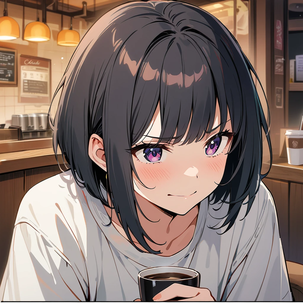 girl, Black Hair, Hairstyle: Short bob,A look of disgust, smile, High-quality images, masterpiece, coffee shop,