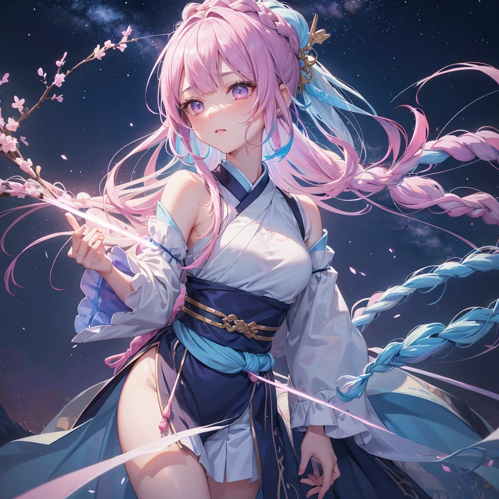 Sky blue hair, (One braided ponytail),(Pink Eyes),Fair skin ,(whole body),(One girl),Hanfu,Tanabata,(A beautiful Milky Way in the night sky),Hollow Eyes,Blushing,Straight bangs,(masterpiece, Highest quality, Very detailed, Best Shadow), (Detailed Background), (Beautifully detailed face), High Contrast, (Best lighting, Very delicate and beautiful), ((Cinematic Light)), colorful, Hyper Detail, Dramatic Light, Intricate details,