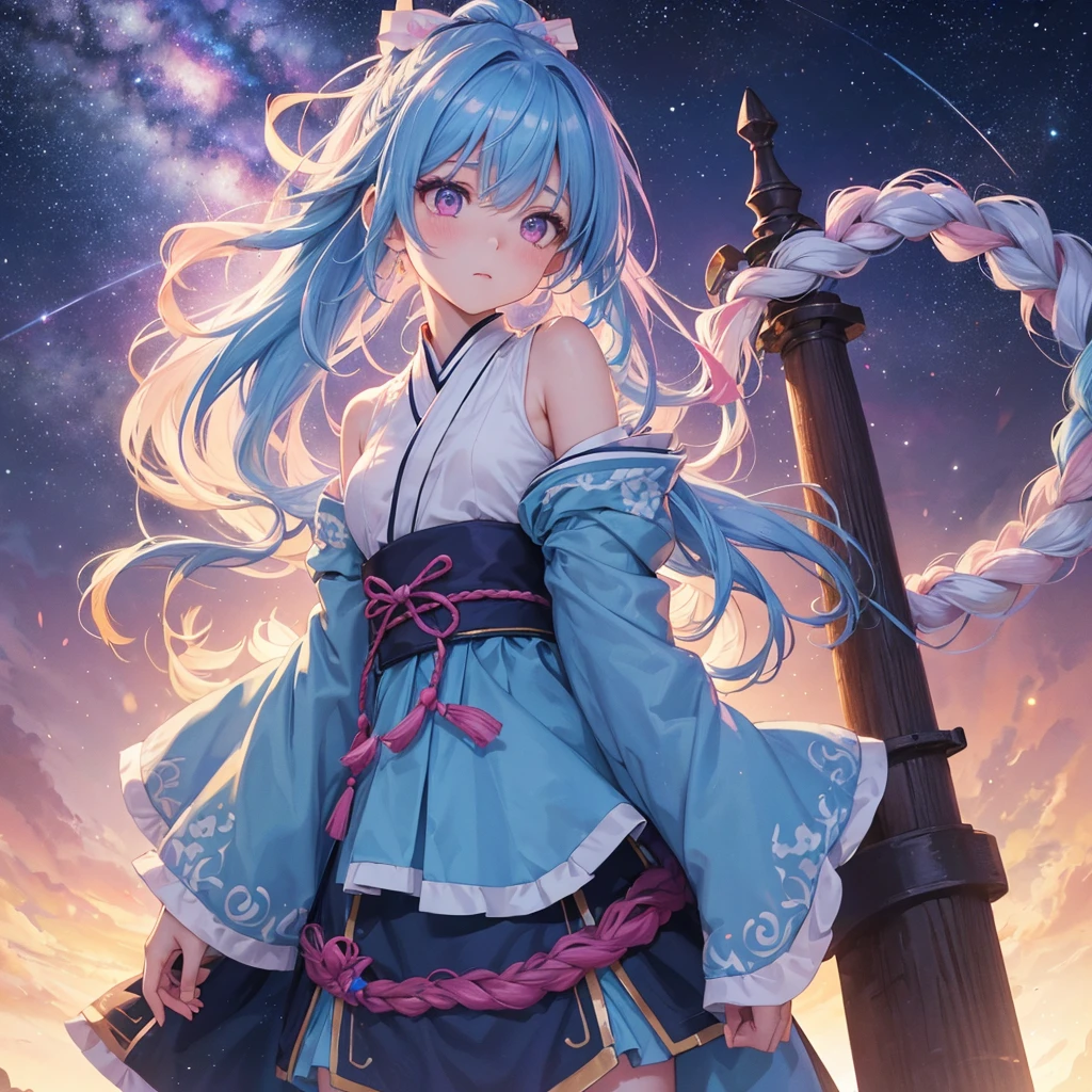 Sky blue hair, (One braided ponytail),(Pink Eyes),Fair skin ,(whole body),(One girl),Hanfu,Tanabata,(A beautiful Milky Way in the night sky),Hollow Eyes,Blushing,Straight bangs,(masterpiece, Highest quality, Very detailed, Best Shadow), (Detailed Background), (Beautifully detailed face), High Contrast, (Best lighting, Very delicate and beautiful), ((Cinematic Light)), colorful, Hyper Detail, Dramatic Light, Intricate details,