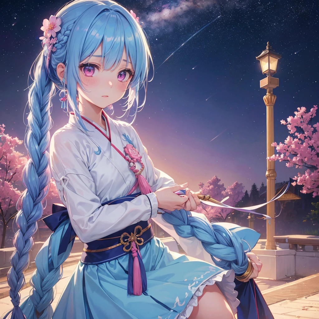 Sky blue hair, (One braided ponytail),(Pink Eyes),Fair skin ,(whole body),(One girl),Hanfu,Tanabata,(A beautiful Milky Way in the night sky),Hollow Eyes,Blushing,Straight bangs,(masterpiece, Highest quality, Very detailed, Best Shadow), (Detailed Background), (Beautifully detailed face), High Contrast, (Best lighting, Very delicate and beautiful), ((Cinematic Light)), colorful, Hyper Detail, Dramatic Light, Intricate details,