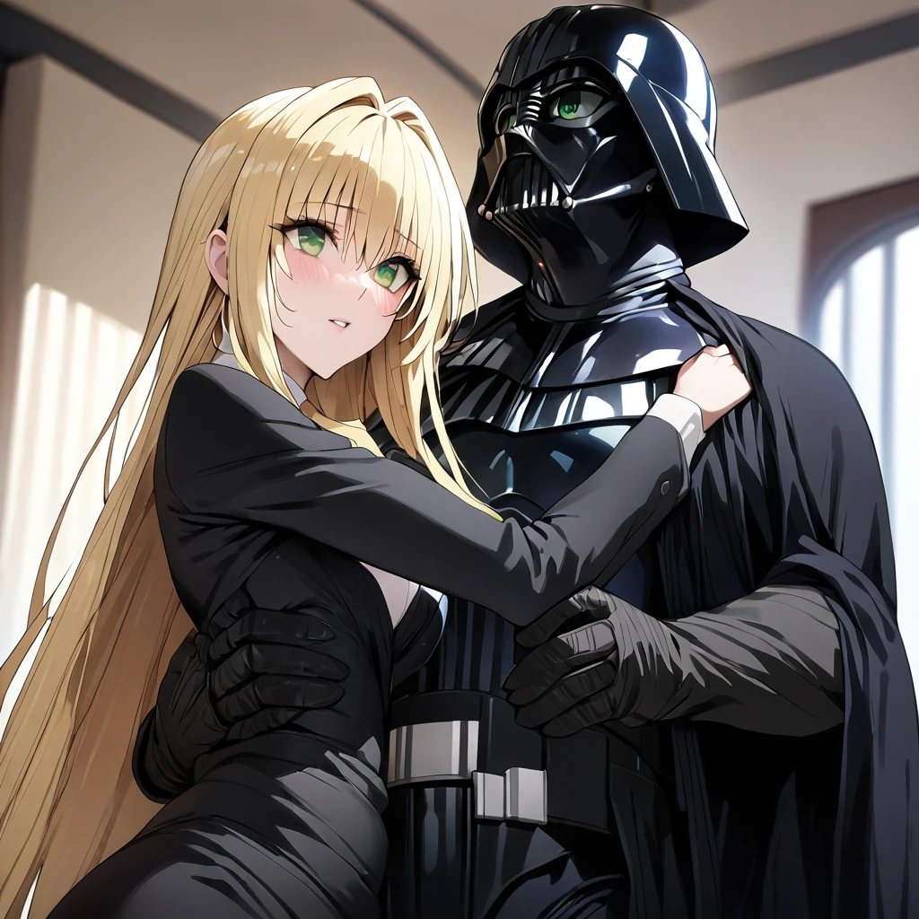 ((Highest quality)), ((masterpiece)), (detailed), （Perfect Face）、The woman is Tiare, with green eyes, medium-long blonde hair, and is wearing a Darth Vader costume.、The woman is standing next to Darth Vader and is being held by him.