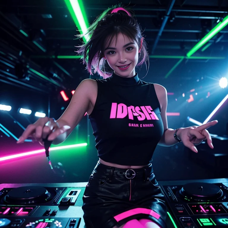 Female DJ, Energetic, self-assured, atmosphere, Turntable, Earphone, fashionable attire, Vibrant colors, Neon lights, smoke effect, Dancing crowd, Hands in the air, Stage, Mix music, Strong gaze, Enchanted smile, Bass drops, techno music, Club atmosphere, Laser light, Strobe light, stage light, Dynamic pose, Fist pumping, Skilled DJ skills