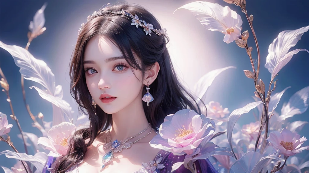4K, A high resolution, ultra-detailed, masterpiece, Elegant dynamic portrait，a stunning beautiful girl, big breasts, long hair, Blue hair tied up elegantly, Decorate with jewelry, a diamond necklace, (Put on a big cloak), Clear purple eyes, beautiful and clear eyes, delicate necklace, delicate earrings (Hair decorated with delicate flower arrangements, crystal jewelry string), (looking at viewer)
