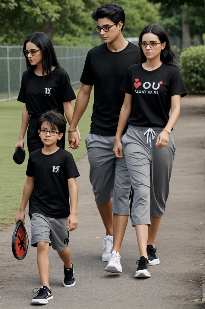 I want you to make me a Pixar-type image of a couple where they are in the park, in the background the letters come out of the scroll, The girl is wearing black Mayon pants, wearing a black t-shirt with an I logo and a red heart on the left side, the girl has black hair with a middle part, he has black glasses, with white tennis shoes, the boy has the same black shirt as the girlfriend, with a gray Bermuda shorts, and some black tennis shoes, His hair is short but wavy, dark brown., and they are side by side, The boy is taking her by the waist.