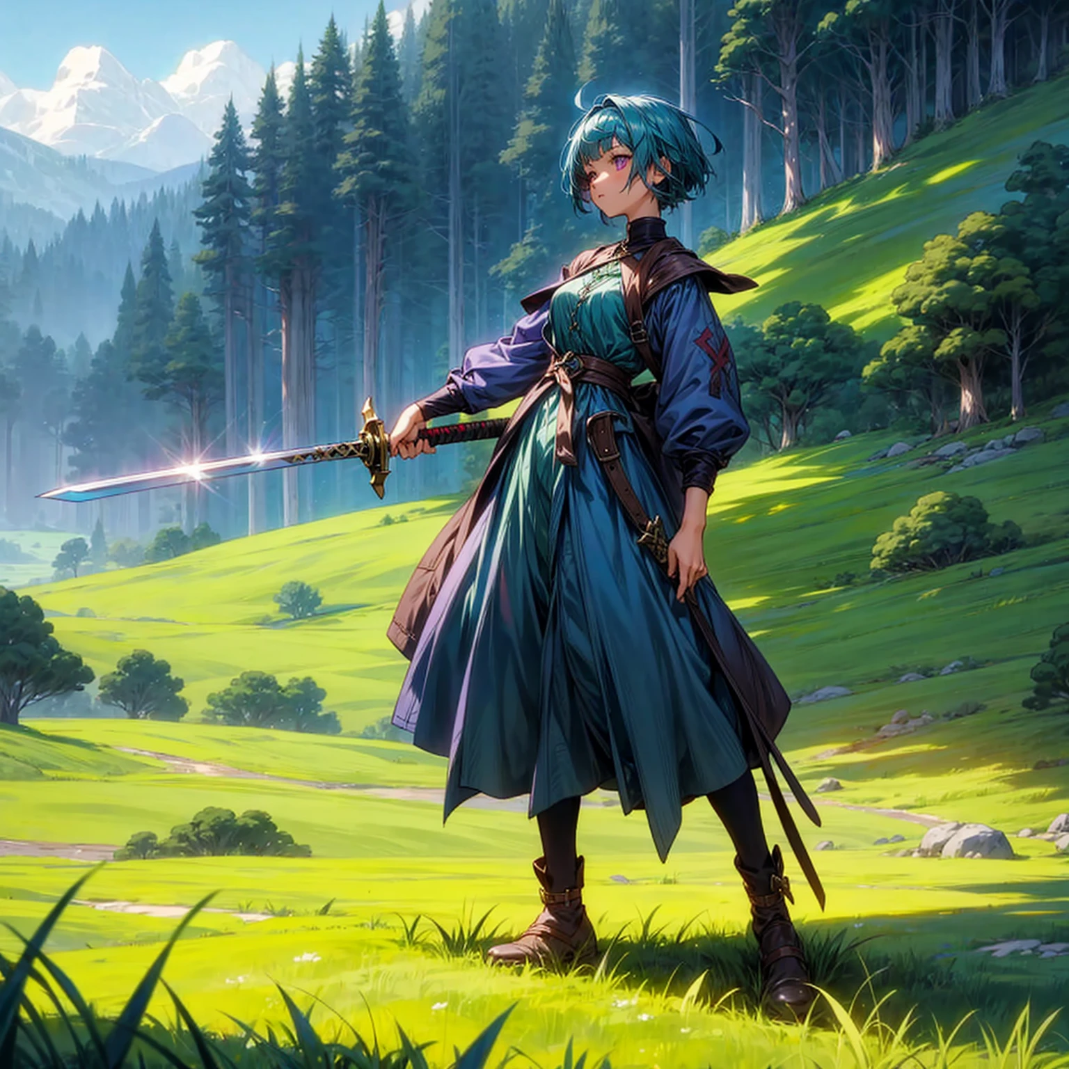 1girl, Full body version, 1character, adult version, purple eyes color, short haircut, blue colour hair, medieval girl style clothing, sword Wood in hand, Grassroots, background in green field, motion blur, (Hunter x Hunter style)