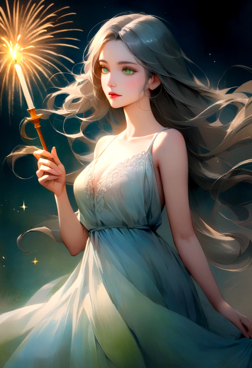  young woman with very long eyelashes, green eyes, her hair flying in the wind, wearing a flowy dress with thin straps in blue, white and red, holding a sparkling magic candle, behind her, a magnificent fireworks display in French colors, in a pictorial fantasy artistic cartoon style with loose watercolor splashes, intuitive, textured, and charcoal elements, with a porcelain effect, with more realistic features of the woman