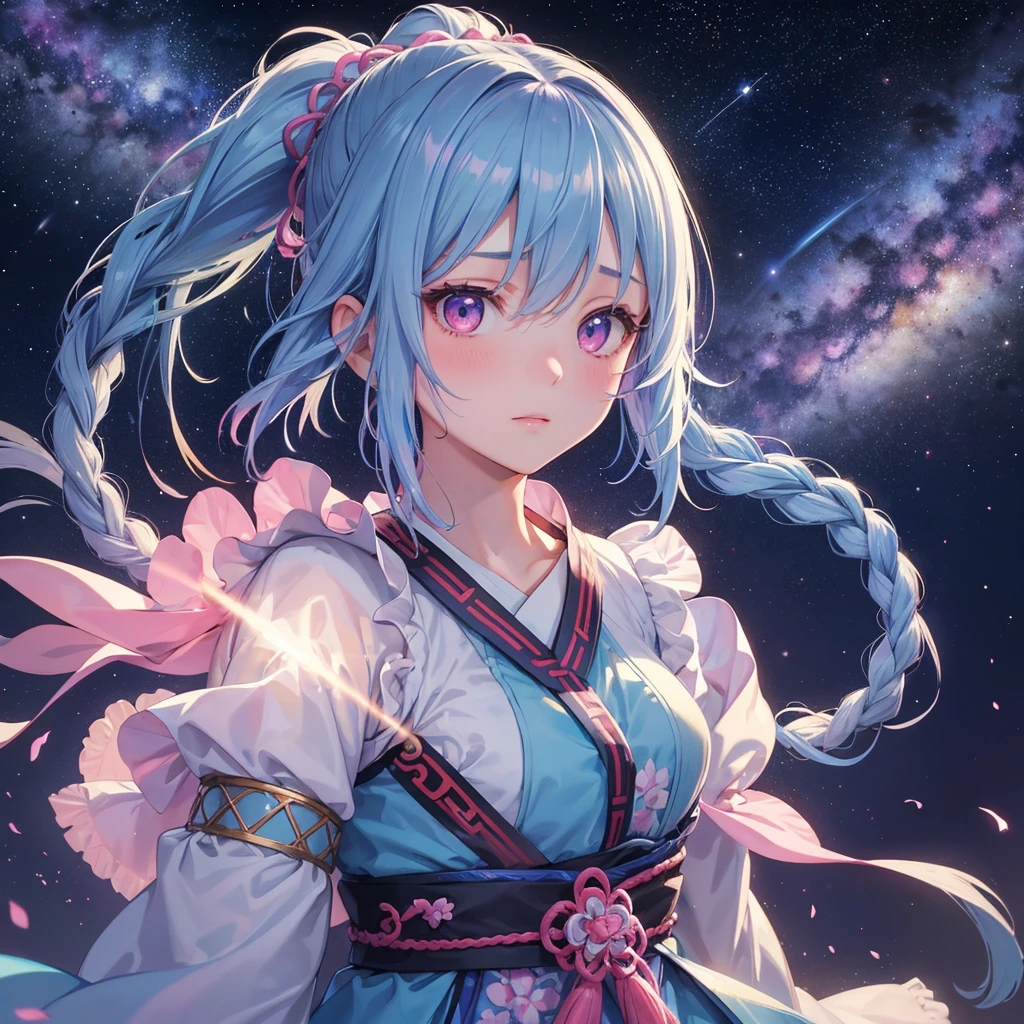 Sky blue hair, (One braided ponytail),(Pink Eyes),Fair skin ,(whole body),(One girl),Hanfu,Tanabata,(A beautiful Milky Way in the night sky),Hollow Eyes,Blushing,Straight bangs,(masterpiece, Highest quality, Very detailed, Best Shadow), (Detailed Background), (Beautifully detailed face), High Contrast, (Best lighting, Very delicate and beautiful), ((Cinematic Light)), colorful, Hyper Detail, Dramatic Light, Intricate details,