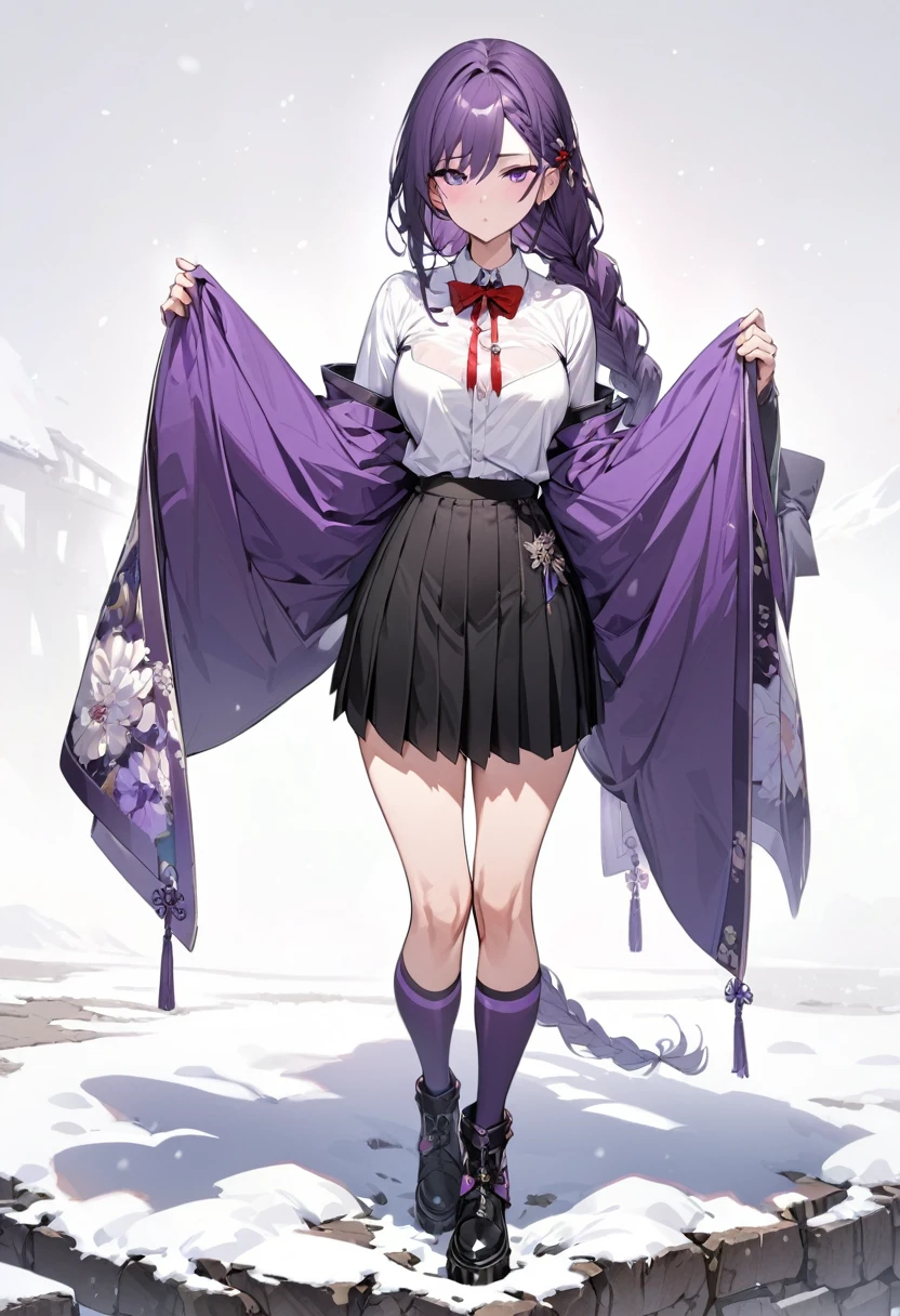 masterpiece,(bestquality),highlydetailed,ultra-detailed, cold, solo, (1girl), dark purple hair, very long single braid, bright purple eyes, white collared shirt with furisode sleeves, thin red bow tie under the collar, diamond-shaped pin on the front of the bow, black high-waisted pleated skirt, dark purple high socks, black ankle boots, medium breasts, calm, expressionless, white background, full body, standing