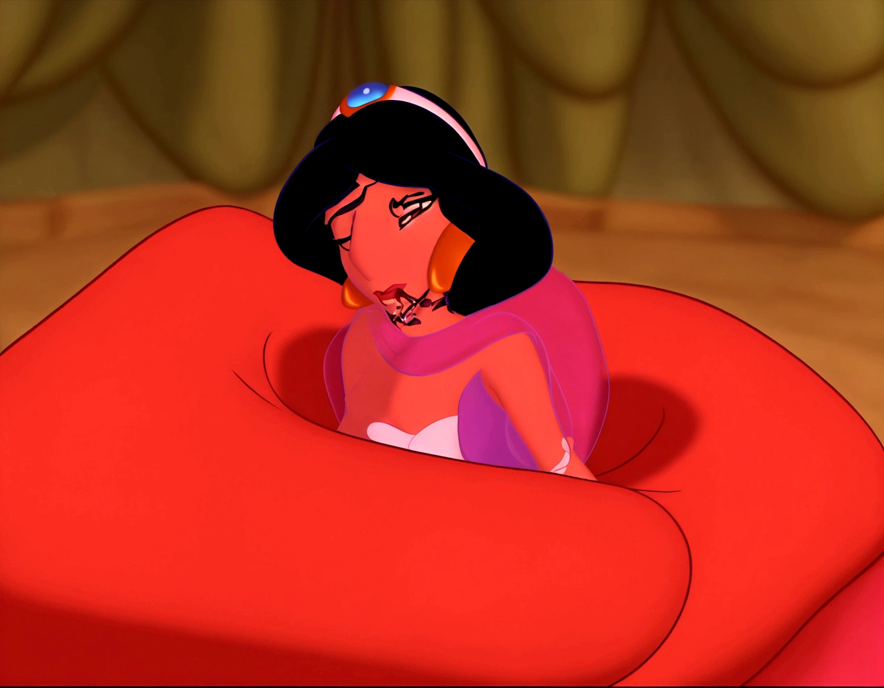 a close up of a cartoon of a woman in a red chair, princess jasmine, megara, aladdin, princes jasmin, sleeping princess!!!!, classic disney mood, pocahontas, someone sits in bed, jasmine, genndy tartakovsky, disney 2d animation still, aesthetic!!!!!! female genie, arabian princess, style of disney animation, female disney villain