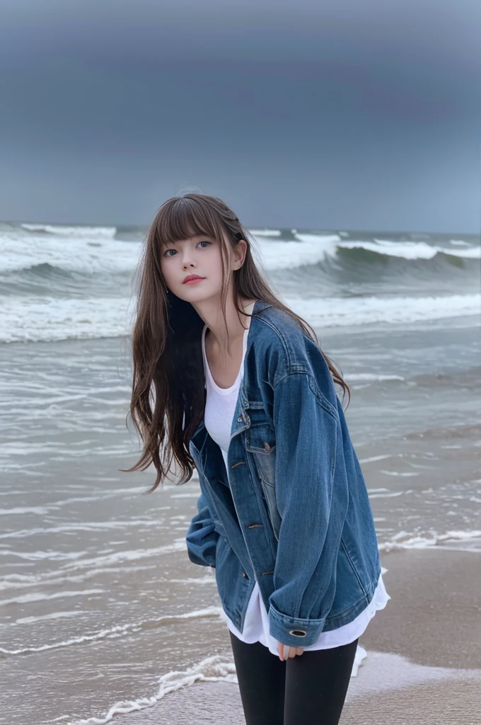 22year old beautiful girl、Highest image quality、realistic、16K、beautiful woman、long hair、With bangs、Pretty slim、heavy rain、While walking through the Beach in the rain、wet from heavy rain、Full body figure、Look up at the sky、Standing on the beach、heavy rain、Back view