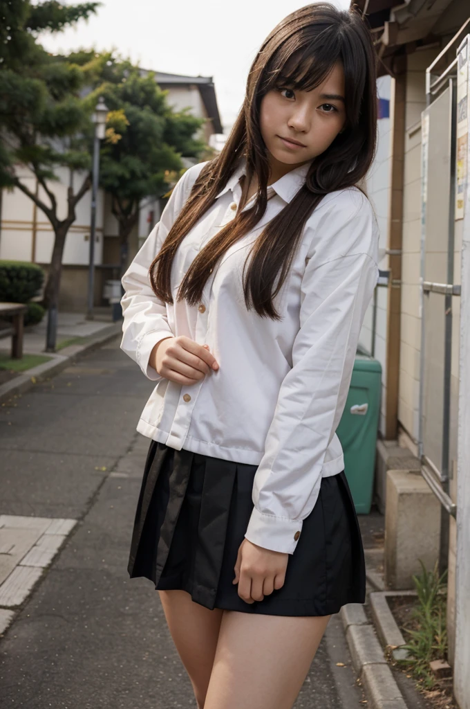 17 year old young woman wearing a Japanese is preparing to go to school in a short skirt