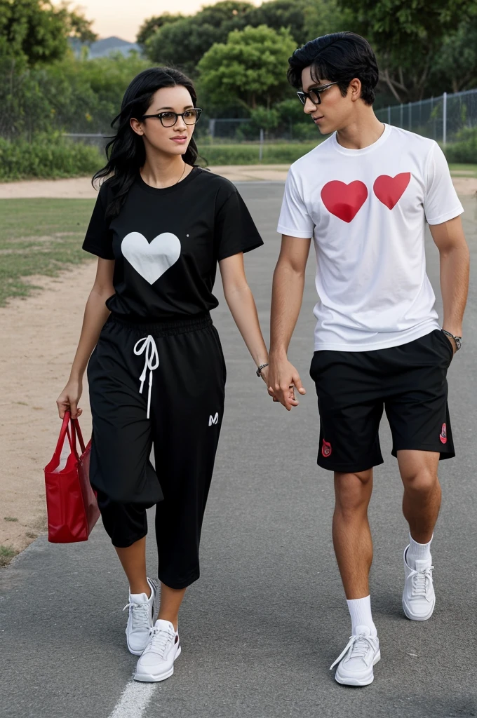 I want you to make me a Pixar-type image of a couple where they are in the water roll park, in the background the letters of the roll appear, The girl is wearing black Mayon pants, wearing a black t-shirt with an I logo and a red heart on the left side, the girl has black hair with a middle part, he has black glasses, with white tennis shoes, the boy has the same black shirt as the girlfriend, with a gray Bermuda shorts, and some black tennis shoes, His hair is short but wavy, dark brown., and they are side by side, The boy is taking her by the waist.
