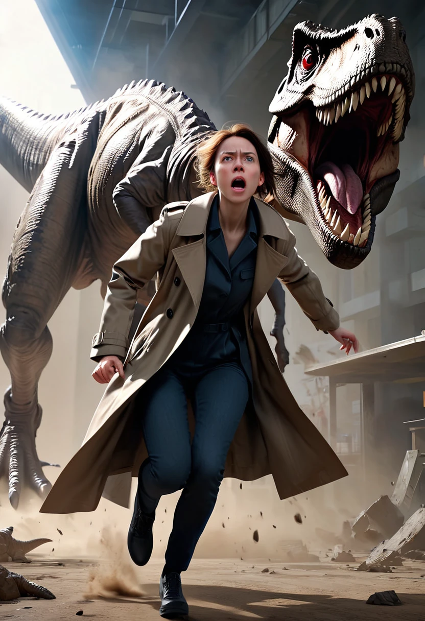 realistic, movie scene, zdyna_pose, dutch angle, from below, foreshortening, woman in trenchcoat standing above viewer in a zdyna_pose running away from a T-Rex in a low camera angle actions scene, foreground objects dust and volumetric lighting, cinematic lighting, motion blur
