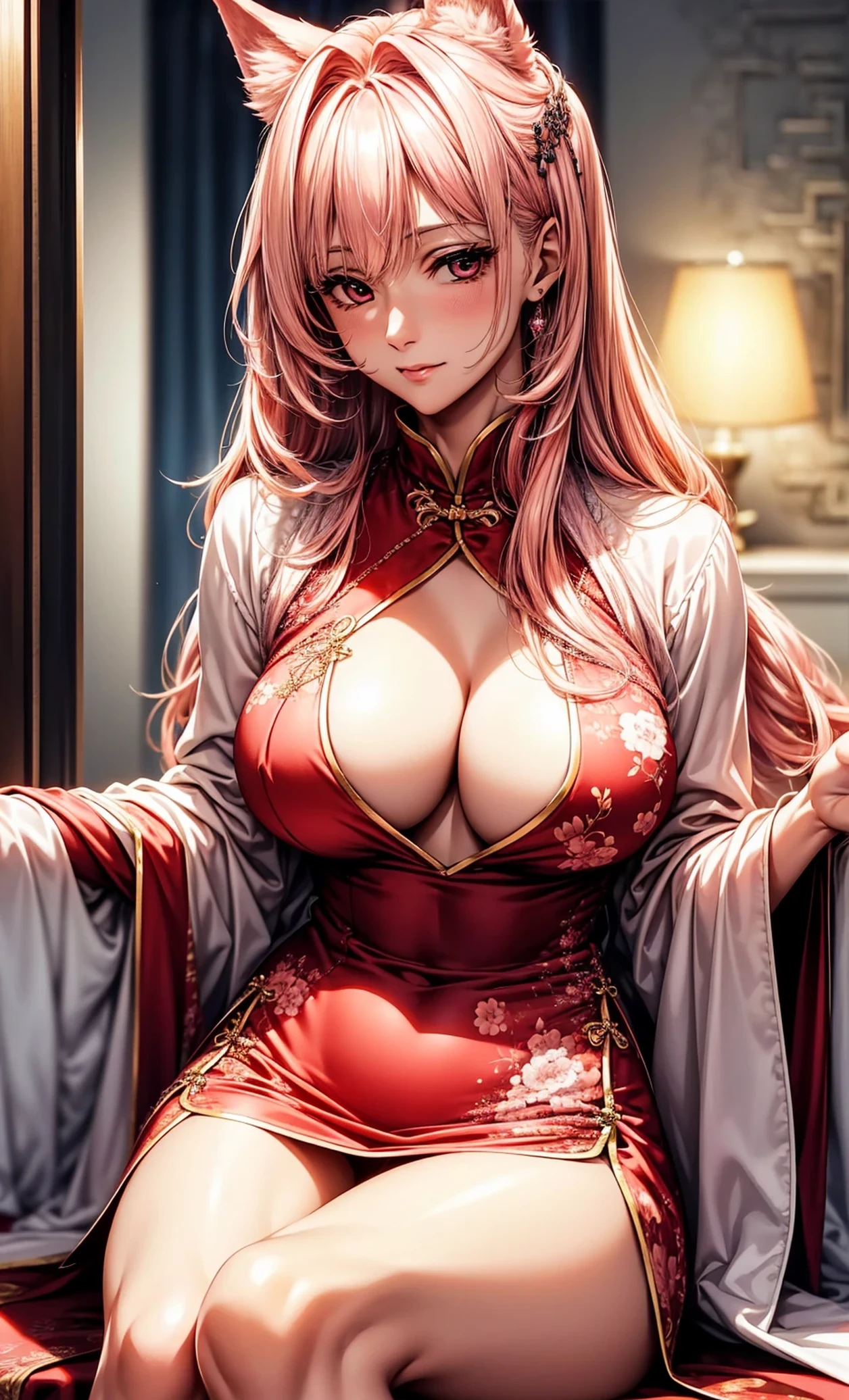 top-quality、tmasterpiece、Very high resolution、super high image quality、High-quality pixels)、perfect eyes, perfect face, perfect body figure,solo,8K, large breast,(Detailed description of hair), (Detailed description of face),(Detailed description of body), fair and clear skin, matchless beauty, long legged, light pink hair details expressed, The details have been upgraded,(light pink eyeball:1.3),model posture,wolf ears,pink wolf tail,poetic environment,(chinese-style bedroom:1.1), cowboy shot,stylish long cheongsam, (sitting and writing pose:1.1), girlfriend ssmile, Russian face feature, gentle expression