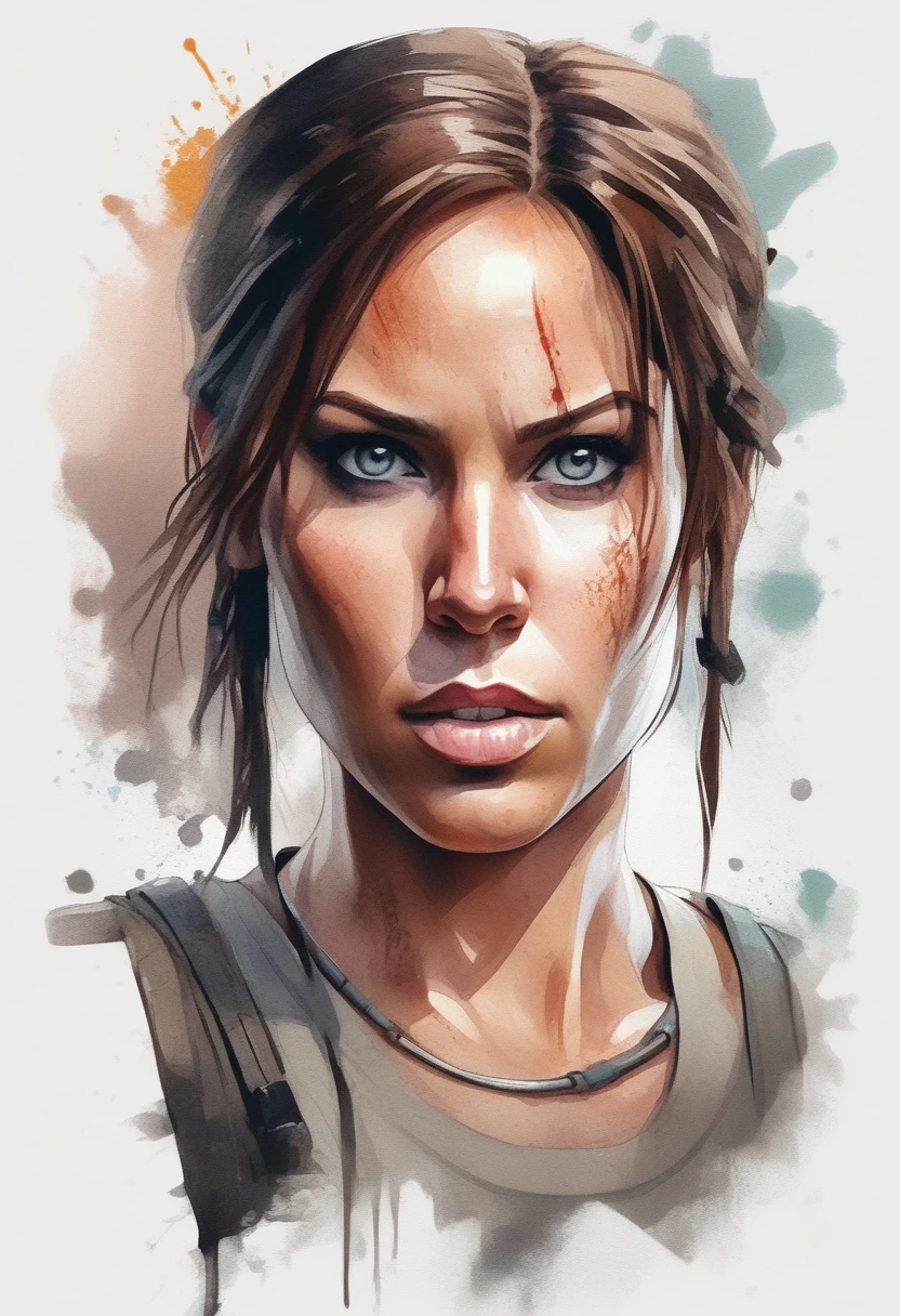 A t-shirt with style, t-shirt design, centered artwork, 2D vector, watercolor, Lara Croft Tomb Raider, white background, Adobe Illustration, Trending on Artstation, hd, 8K, intricate details, vibrant eyes, gorgeous art, masterpiece, by Rafael Albuquerque , luminosity by REMBRANDT