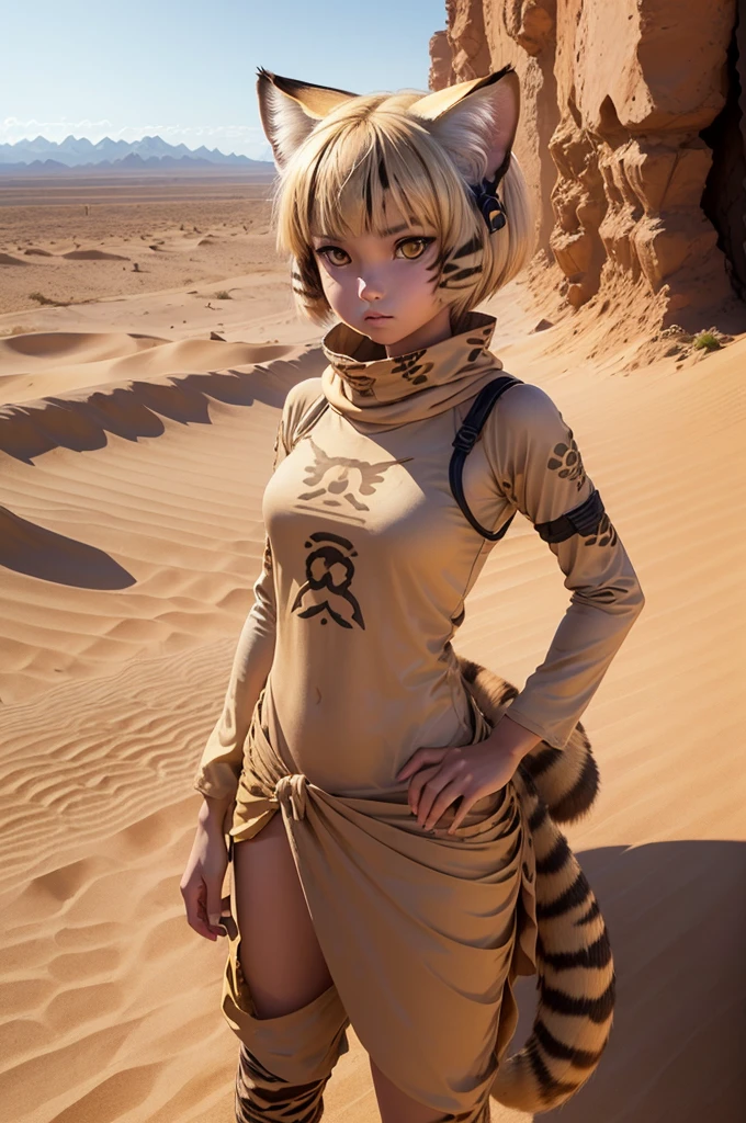 ((girl is sand cat)), neco, in desert, ((in taureg clothes)). very hot, a sun, wallpaper, manga art, professional art, ultra aesthetic, body detailed, aesthetic, 