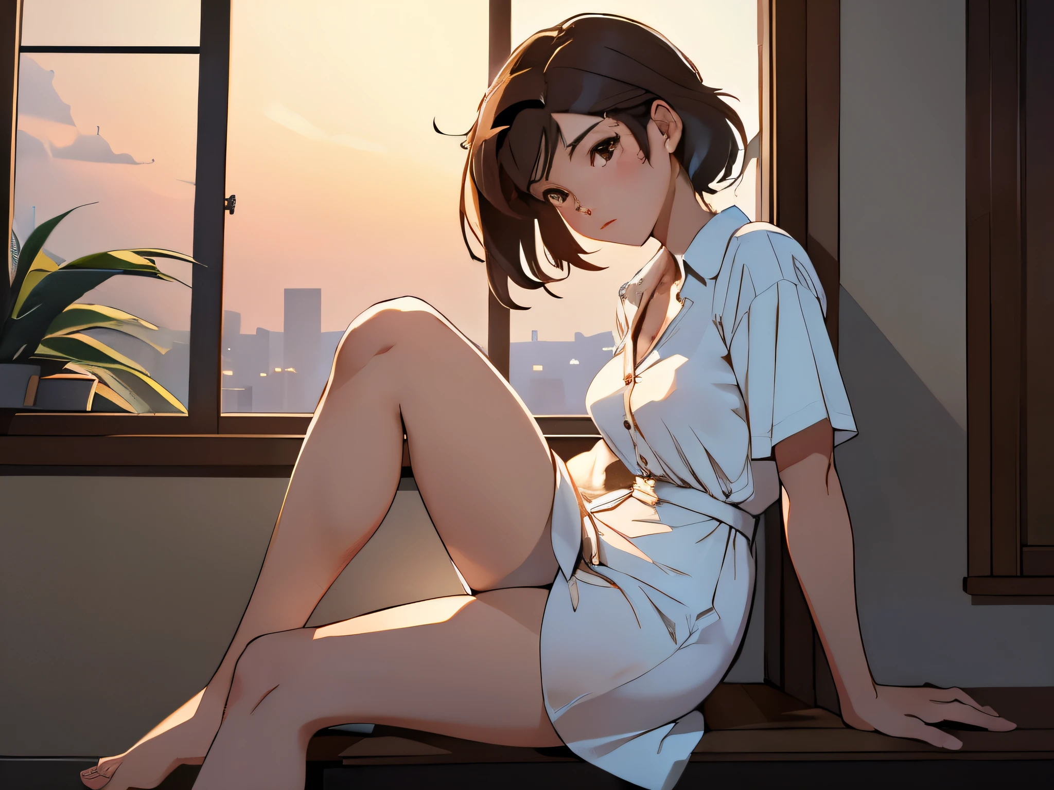 Beautiful woman,Highest quality.Age 25, Very short brown hair、Inside the room、summer、Midnight、Tropical night、Sitting and cooling off、The upper body is a white dress shirt、The button is undone、White underwear for the lower body、barefoot、The camera frames her from below, aligning her with a square window.、Sitting on the window sill、With your body facing forward,Sit with your knees upright、She tilts her head and looks out the window。Look out the window、Smoking a cigarette、legs spread,