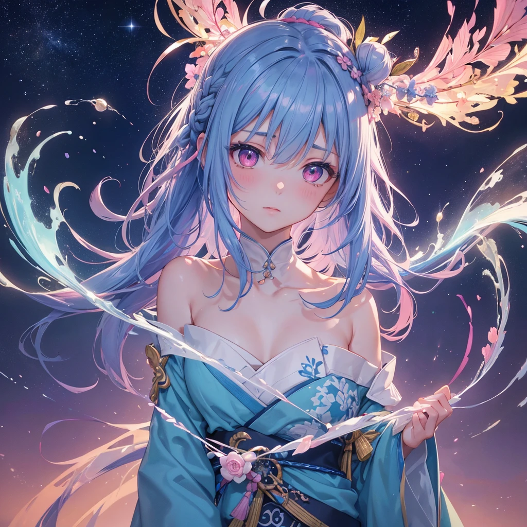 Sky blue hair, (One braided ponytail),(Pink Eyes),Fair skin ,(whole body),(One girl),Hanfu,The goddess,Tanabata,(A beautiful Milky Way in the night sky),Hollow Eyes,Blushing,Straight bangs,(masterpiece, Highest quality, Very detailed, Best Shadow), (Detailed Background), (Beautifully detailed face), High Contrast, (Best lighting, Very delicate and beautiful), ((Cinematic Light)), colorful, Hyper Detail, Dramatic Light, Intricate details,