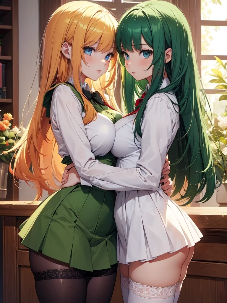 ((best quality)), ((Masterpiece)), (details), 2 girls, The first one has long green hair.,red eyes,big breasts,Slim figure,small hips,wearing a red school uniform,Put on white stockings, Two people with short yellow hair,blue eyes,small hips,Wear a green ,Wear black stockings,Hug each other,