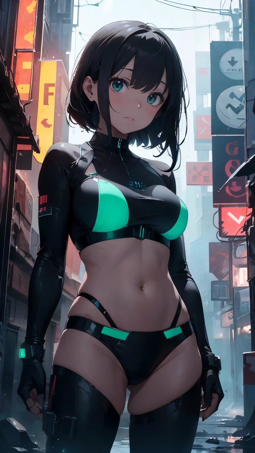Cyberpunk cityscape, young woman with long black hair wearing an emerald green powered exosuit, standing in a contemplative pose amidst the neon-lit ruins, textured digital art with muted tones and subtle ambient noise, detailed and intricate illustration, dystopian and gritty yet beautiful, a glimmer of hope in the decay,Fish Girl in Sci-fi translucent mechanical bikini ,The bikini is see-through and sparkly
