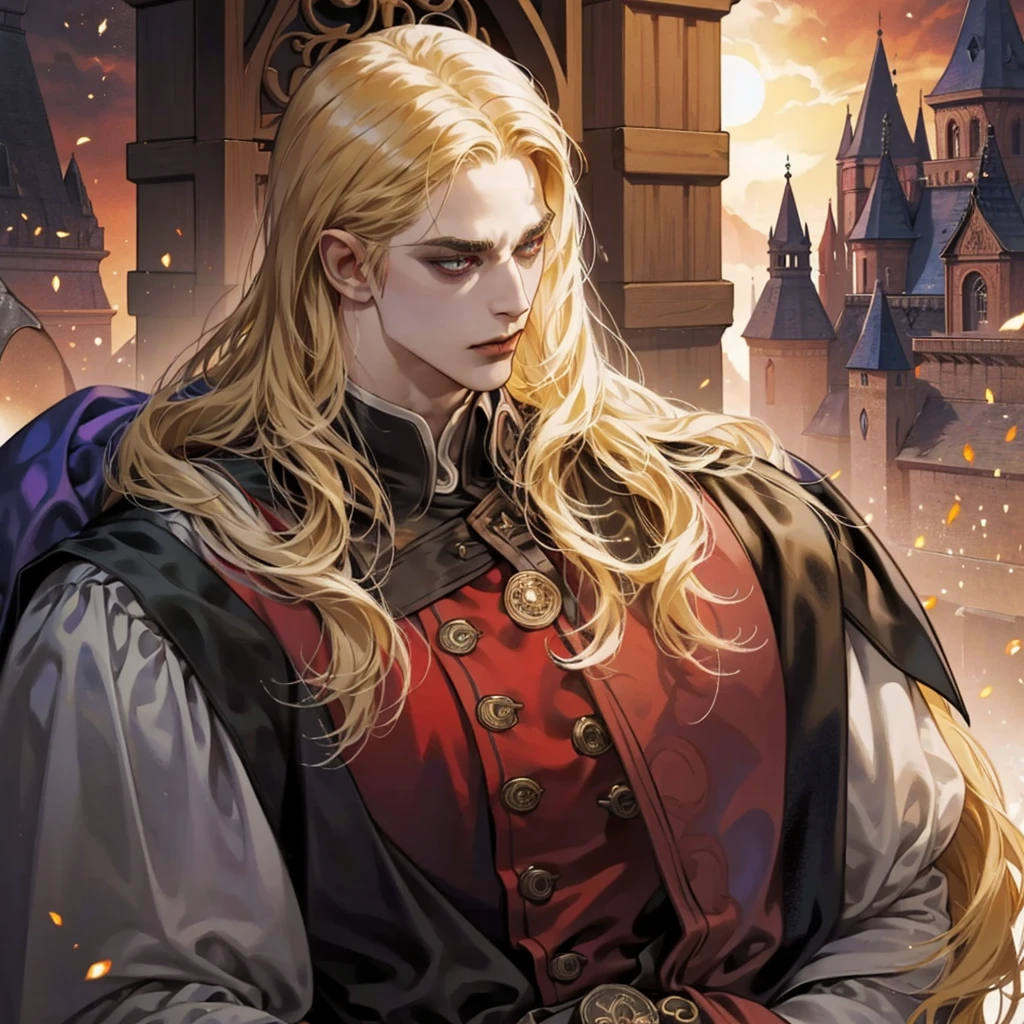 One, Castlevania Shadow Lord is handsome,  Lord Dracula leads the monastery, hyper realistic super detailed dynamic pose super detailed face, long hair, blonde hair, Sharp facial features, adult, handsome man, in medieval attire