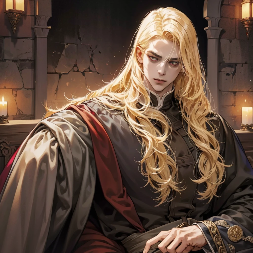 One, Castlevania Shadow Lord is handsome, Lord Dracula leads the monastery, hyper realistic super detailed dynamic pose super detailed face, long hair, blonde hair, Sharp facial features, adult, handsome man, in medieval attire