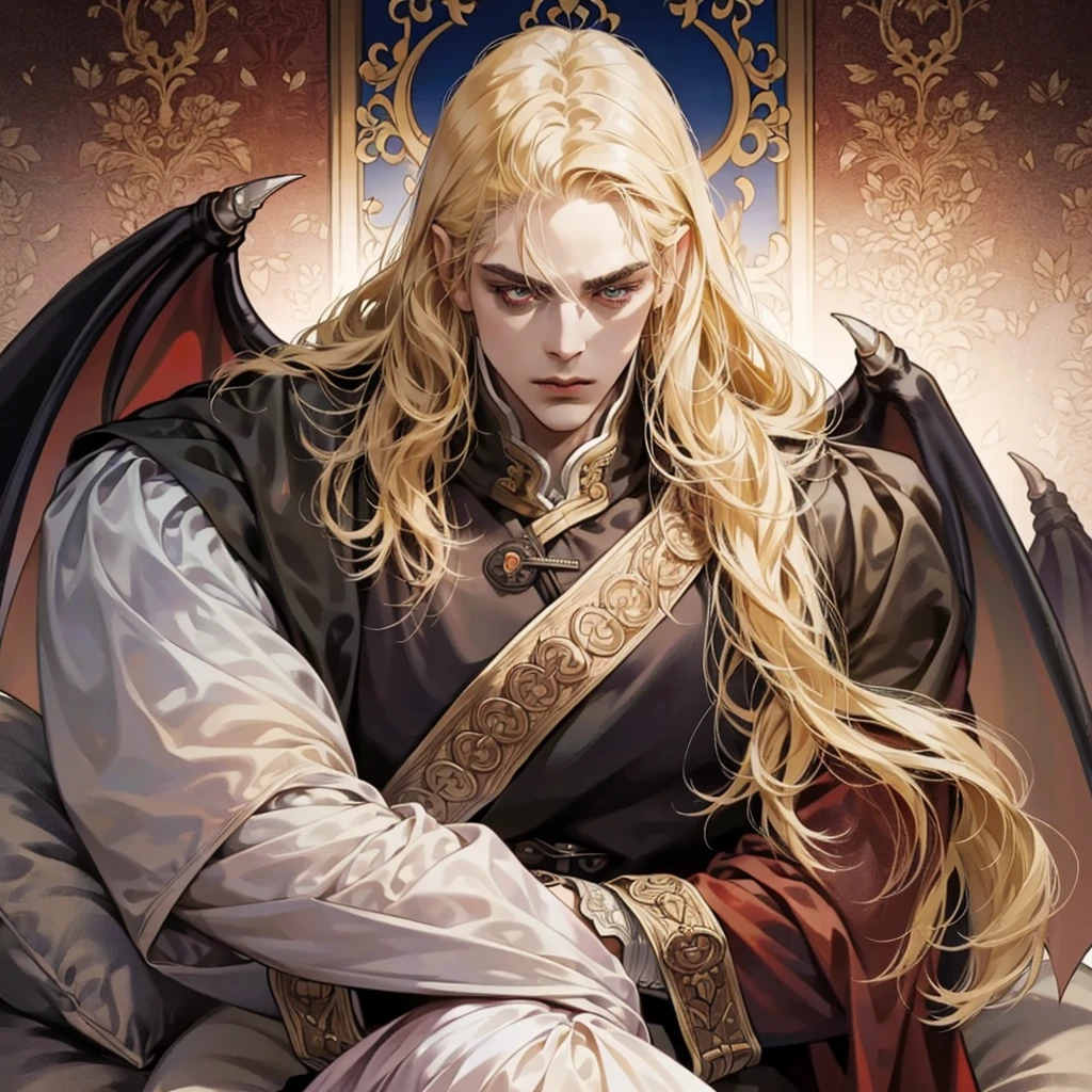 One, Castlevania Shadow Lord is handsome, Lord Dracula leads the monastery, hyper realistic super detailed dynamic pose super detailed face, long hair, blonde hair, Sharp facial features, adult, handsome man, in medieval attire