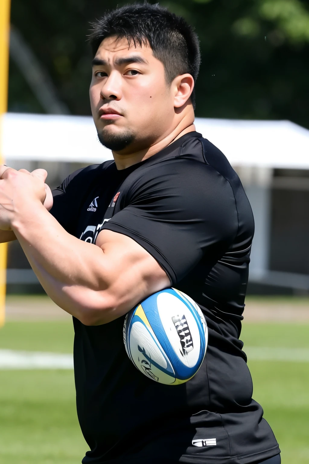 A large Japanese man wearing a tight black T-shirt、whole body、Rugby last week、Thick legs、Thick arm muscles、Intimidating、whole body