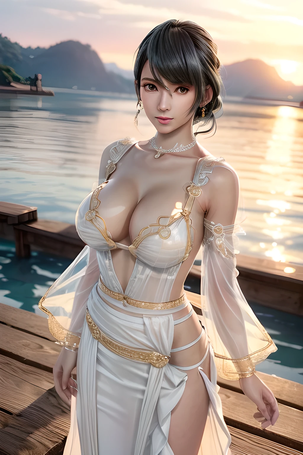 1girl,Tamaki,At sunset, the warm sunlight adds a golden hue to the scene. Wearing a flowing (white dress with transparent sleeves and a cinched waist: 1.4), blown by the breeze, and wearing earrings, she stands on the dock and looks at the sunset in the distance. The water is calm, with soft ripples, and the outline of the distant coastline can be vaguely seen in the background.(fashionable_Tattoos),(huge breasts),collarbone, cleavage,Detailed Hair,(Tattoos),(masterpiece:1.5),( best quality:1.4), ultra-detailed,(((realisetic))),8K,{ (photorealistic:1.37),movie soft light,