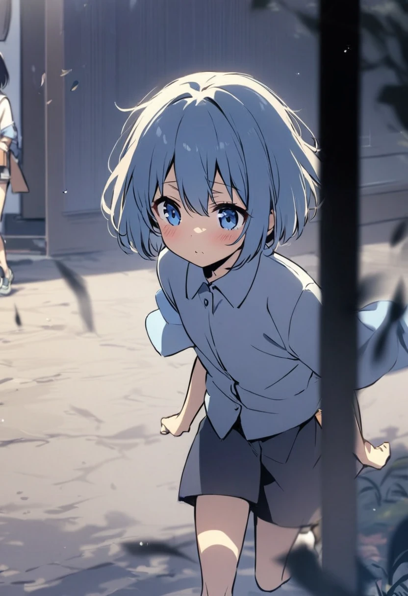 girl,Ten years old、 cute, short hair, Big blue eyes, run away、fine