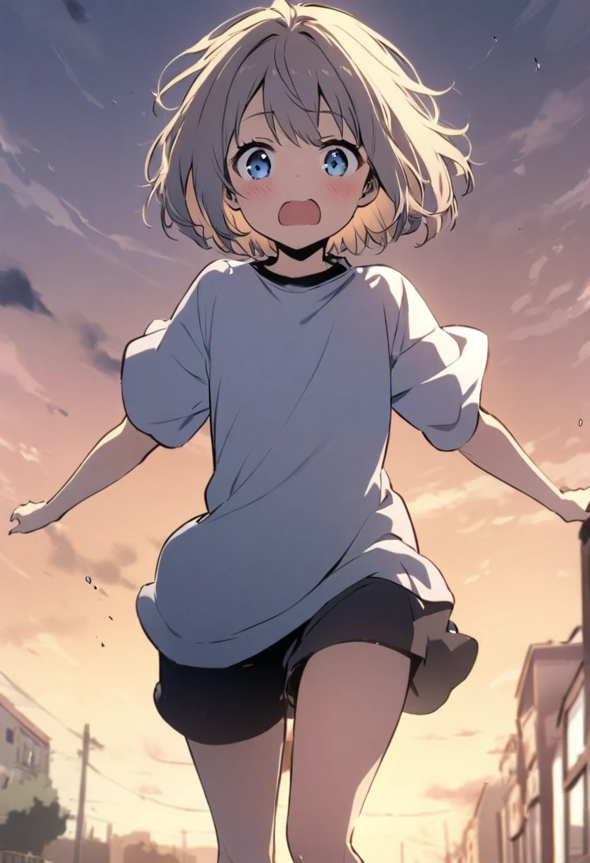 girl,Ten years old、 cute, short hair, Big blue eyes, run away、fine