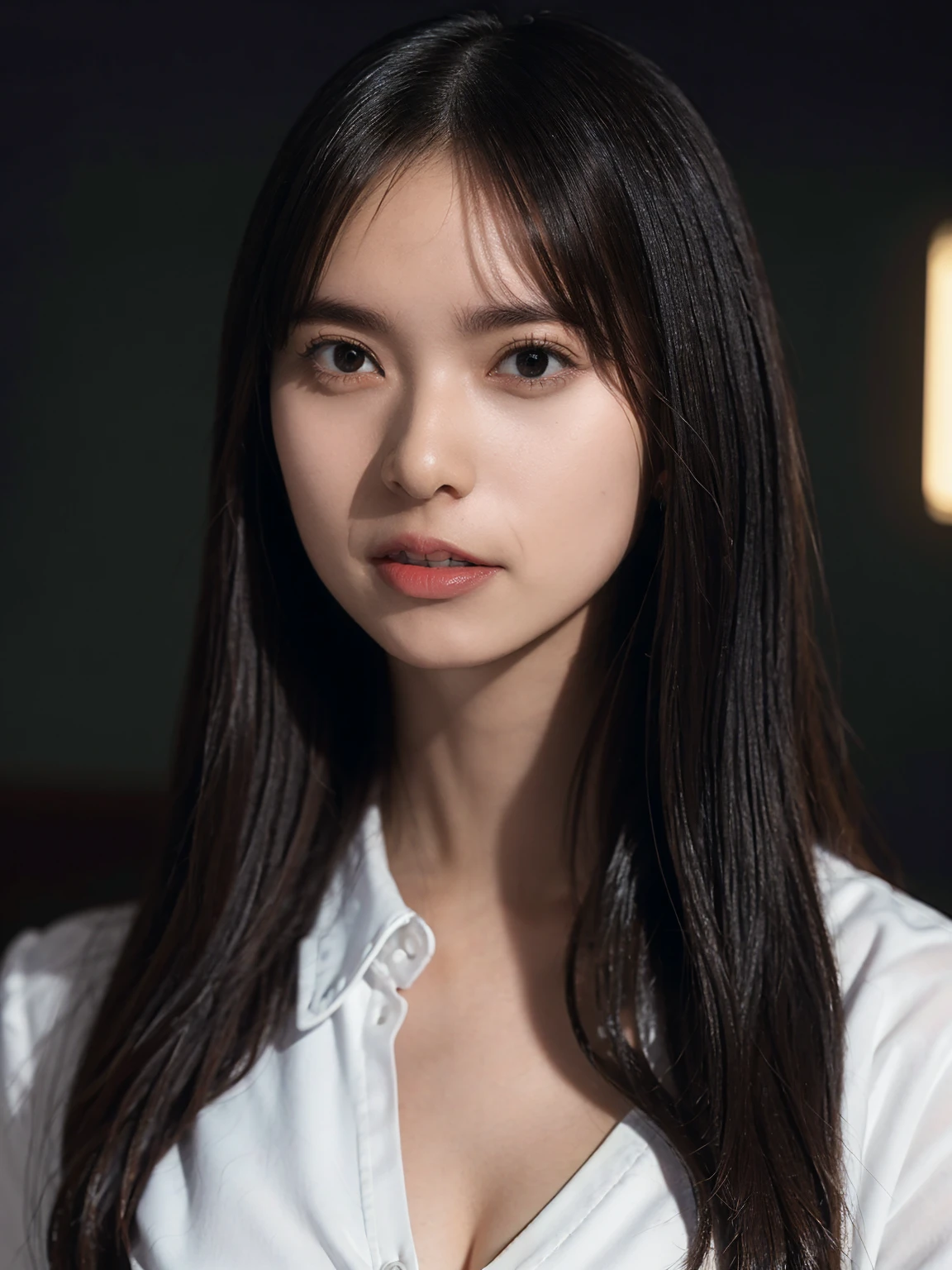 1girl, woman, masterpiece, best quality, highest quality, cinematic lighting, (volumetric lighting), extremely detailed CG unity 8k wallpaper, focused, 8k wallpaper, extremely detailed, ultra realistic, photorealistic, sharp focus, absurdres, (HDR:1.2), (high contrast), photograph, detailed and intricate, instagram, portrait, highly detailed, digital painting, artstation, concept art, smooth, sharp focus, illustration, cinematic lighting, (natural big breast:1.1), cleavage, (whole body:1.2), white collar shirt, (open shirt, open the button).