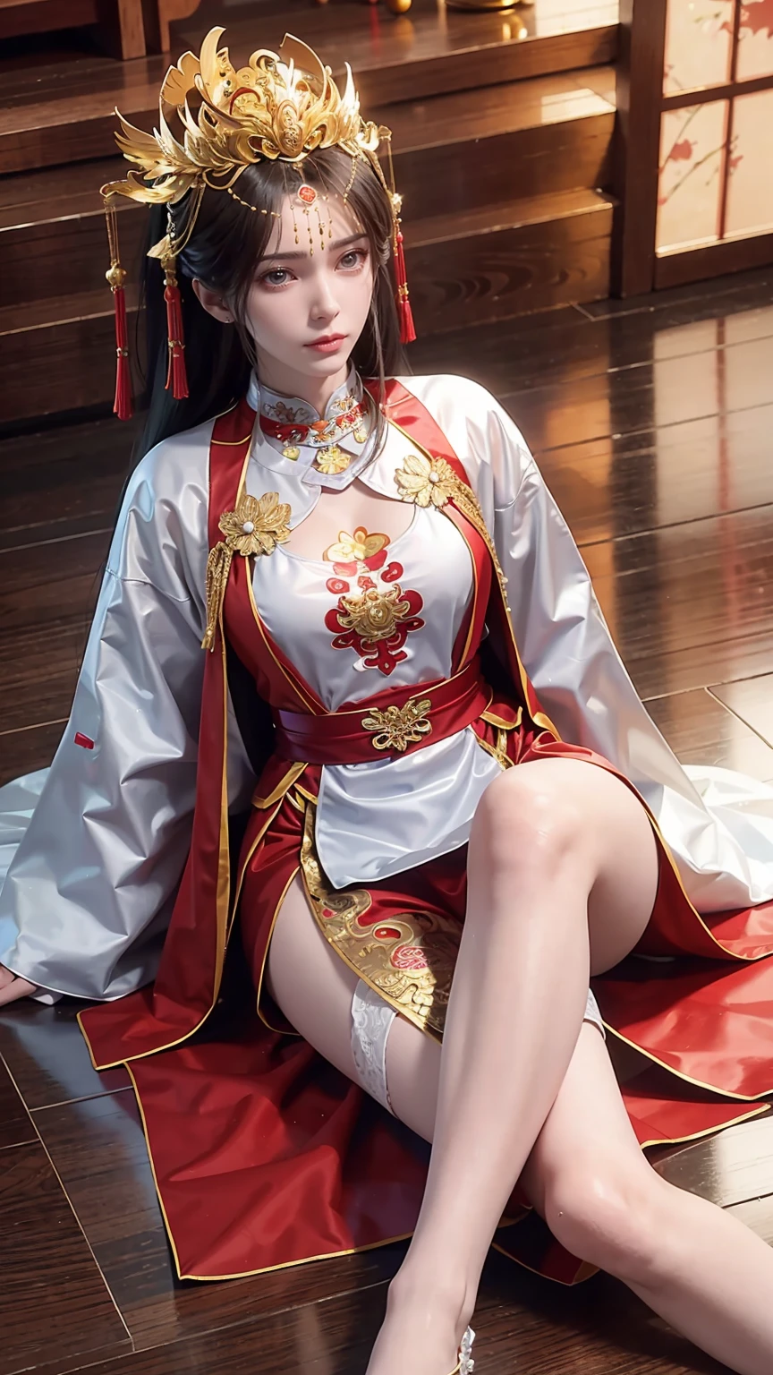 Close-up of a woman in a dress lying on a wooden floor, Japanese Goddess, Beautiful Chinese model, beautiful goddess, beautiful Asian girl, Sexy Girl, Fair, smooth and translucent skin, Chinese Girl, Asian girl, Attractive anime girl, Sexy pose, Beautiful fantasy queen, Beautiful and detailed body and face, Smooth red tights set, Light milky white porcelain skin